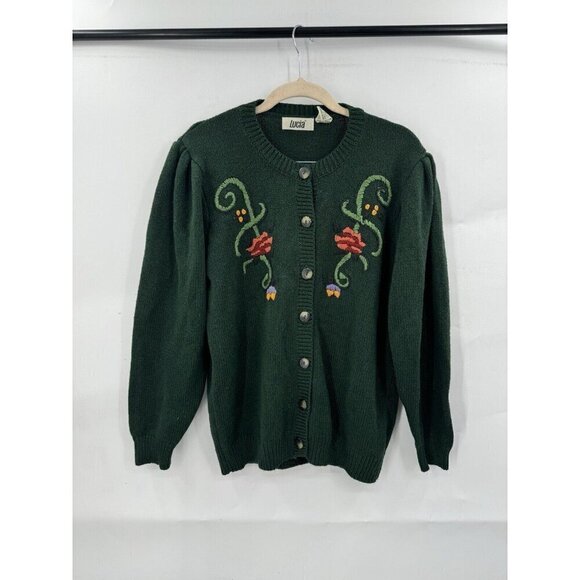 VTG Lucia Sweater Women L Green Silk Blend Knit Floral Fairy Cabincore Heritage - Picture 1 of 11